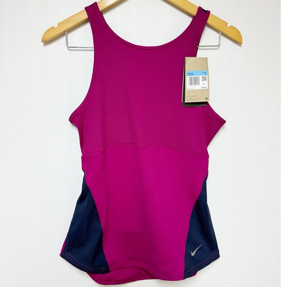 Nike Yoga Womens Slim Fit Tank Top Dri-Fit Pink Navy Athletic Open Back Medium